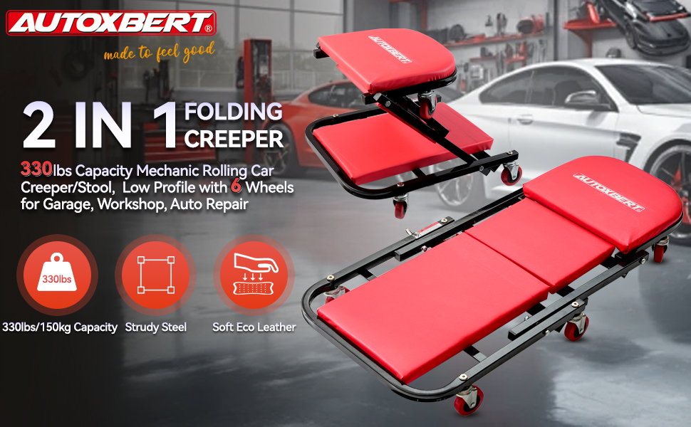36-inch Foldable Crawling Seat Stool - 2-in-1 Rolling Garage Creeper with 6 Wheels, 330lb Capacity for Auto Repair, Shop Work (Sit/Lie
